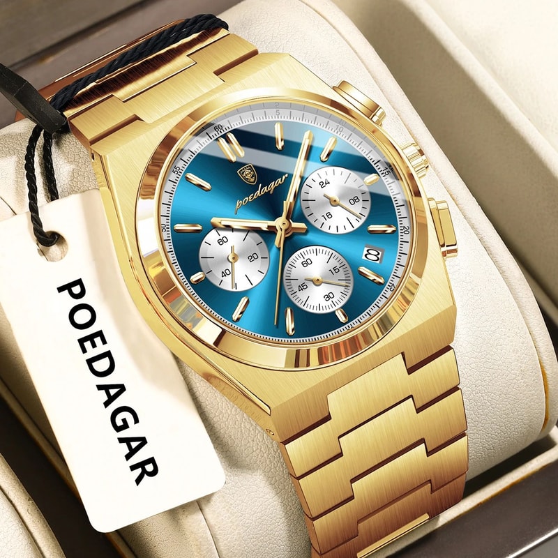 POEDAGAR Executive Chronograph Stainless Steel Mens Quartz Watch With Luminous Date 8