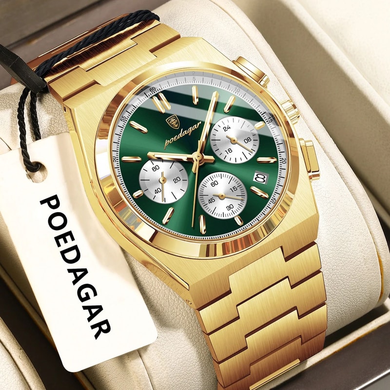 POEDAGAR Executive Chronograph Stainless Steel Mens Quartz Watch With Luminous Date 9
