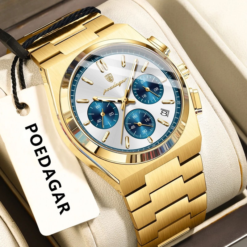 POEDAGAR Executive Chronograph Stainless Steel Mens Quartz Watch With Luminous Date 10
