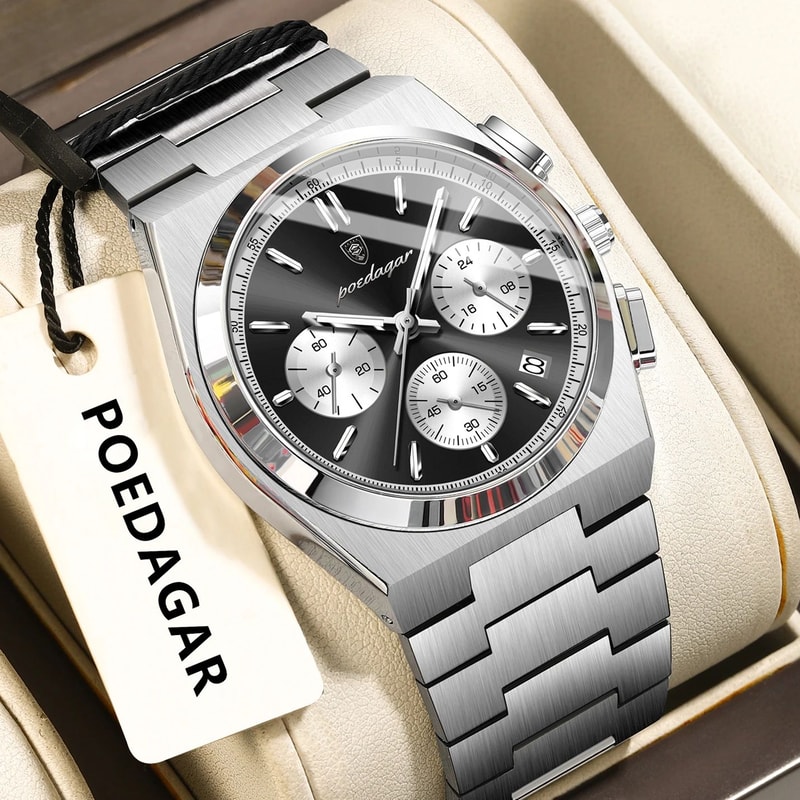 POEDAGAR Executive Chronograph Stainless Steel Mens Quartz Watch With Luminous Date 11