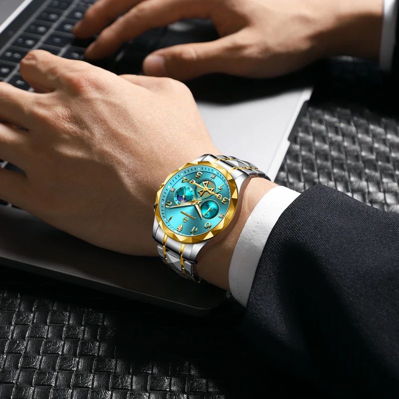 PAAZOMU Luxury Stainless Steel Mens Chronograph Quartz Watch With Moon Phase 5