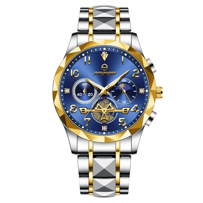 PAAZOMU Luxury Stainless Steel Mens Chronograph Quartz Watch With Moon Phase 7