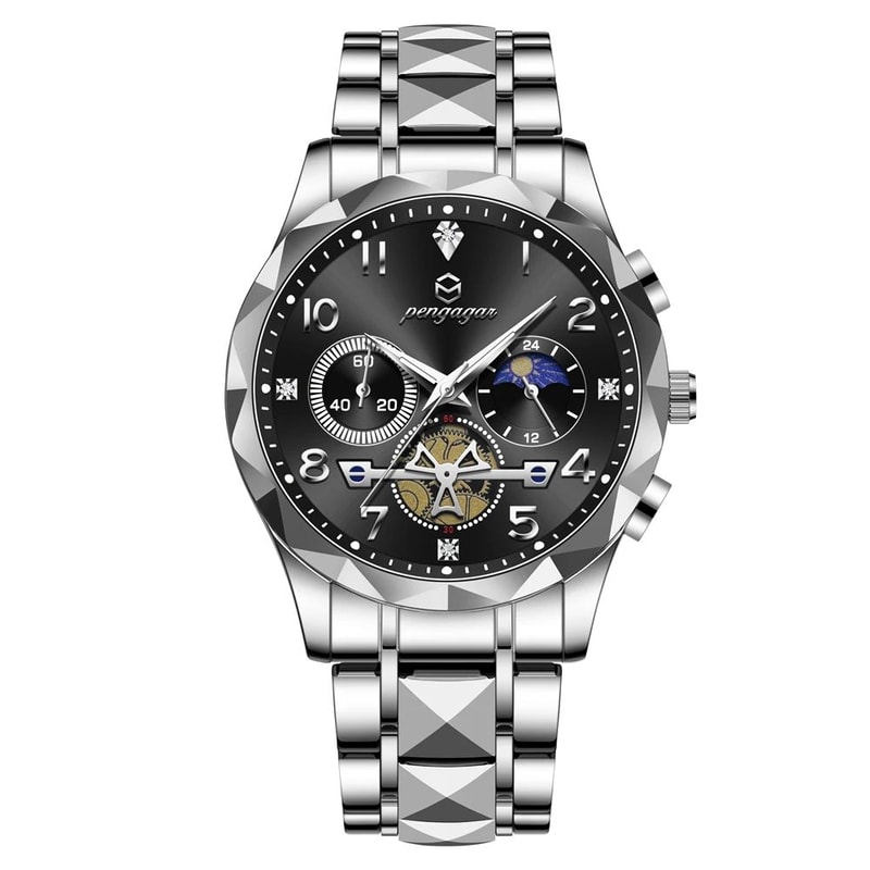 PAAZOMU Luxury Stainless Steel Mens Chronograph Quartz Watch With Moon Phase 10