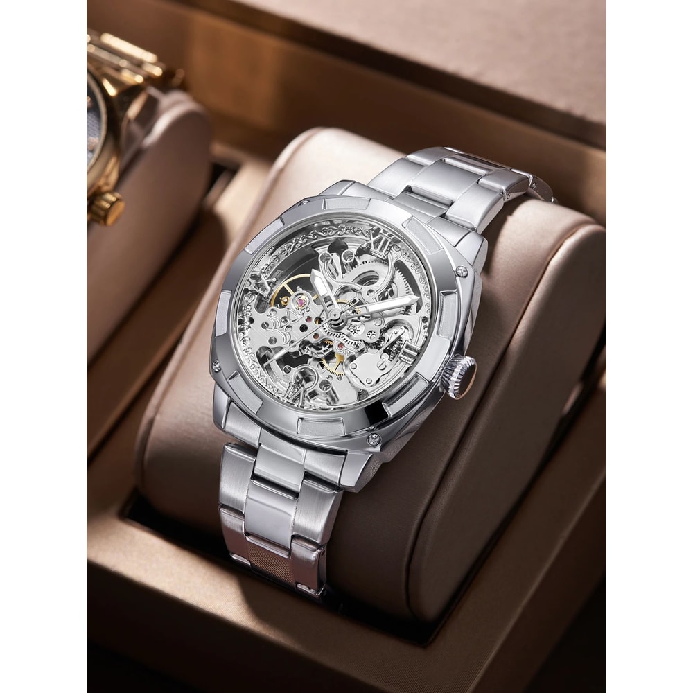 Luxury Skeleton Automatic Mens Tonneau Watch Waterproof Stainless Steel 0