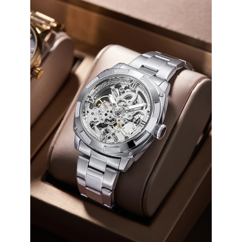 Luxury Skeleton Automatic Mens Tonneau Watch Waterproof Stainless Steel 0
