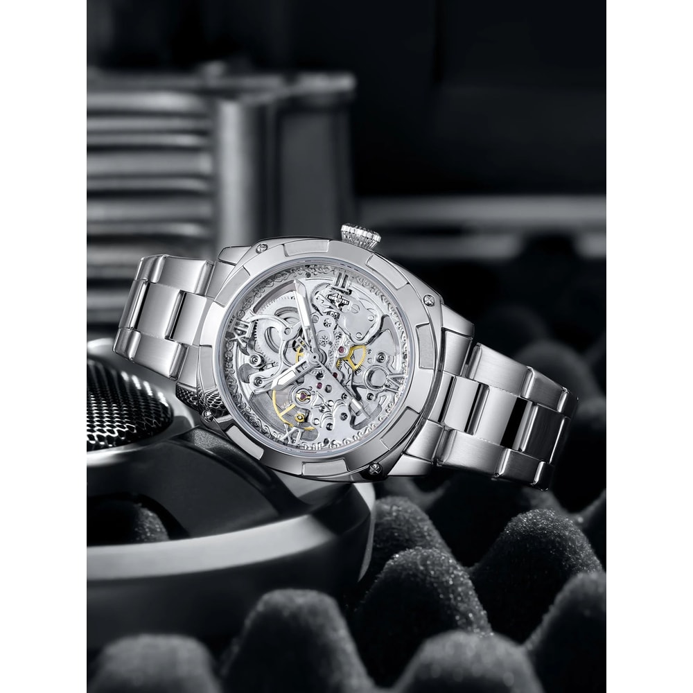 Luxury Skeleton Automatic Mens Tonneau Watch Waterproof Stainless Steel 1