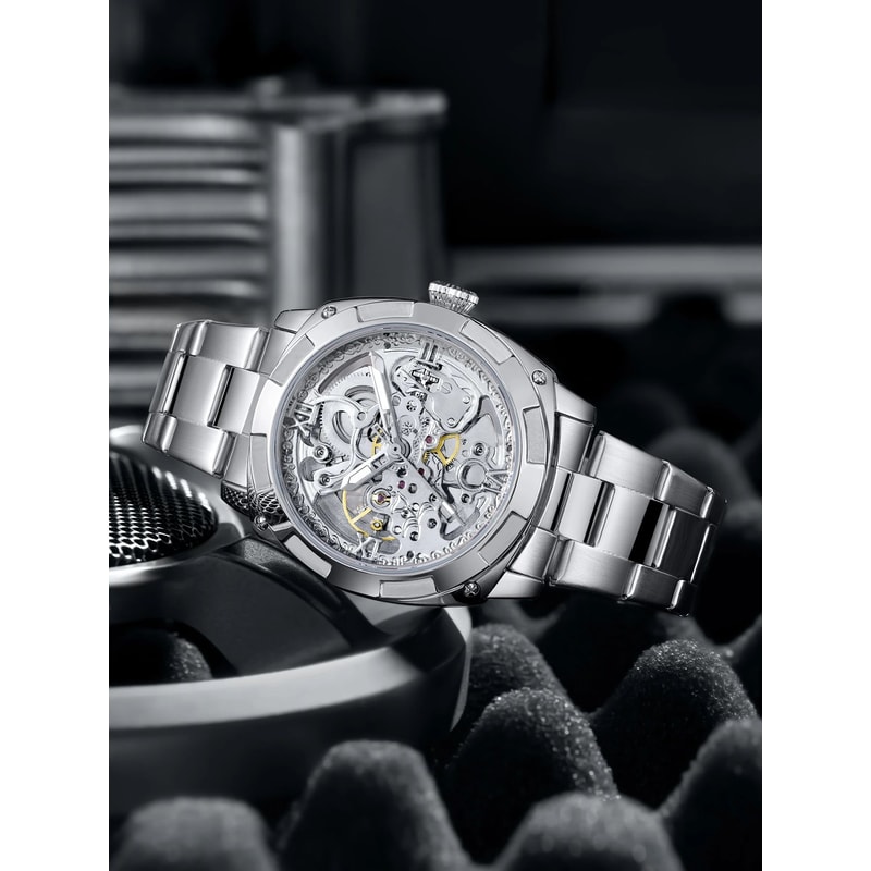 Luxury Skeleton Automatic Mens Tonneau Watch Waterproof Stainless Steel 1