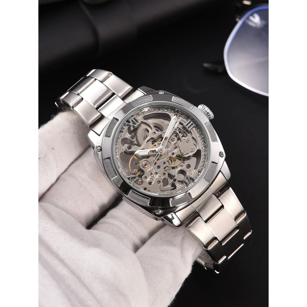 Luxury Skeleton Automatic Mens Tonneau Watch Waterproof Stainless Steel 2