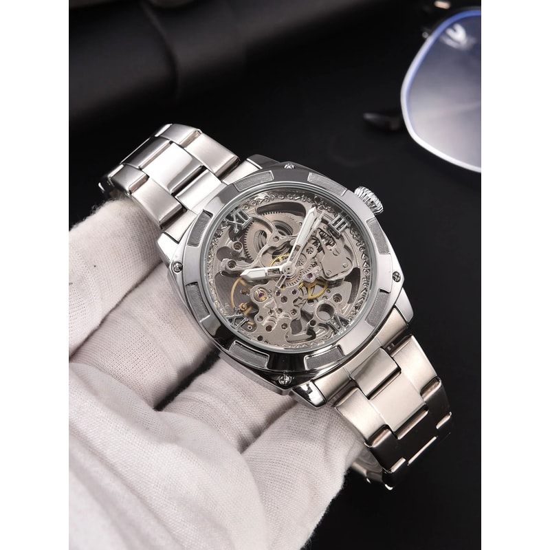 Luxury Skeleton Automatic Mens Tonneau Watch Waterproof Stainless Steel 2