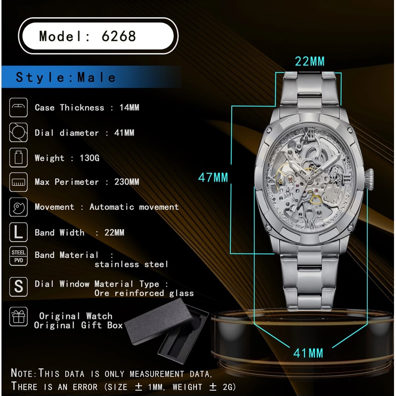 Luxury Skeleton Automatic Mens Tonneau Watch Waterproof Stainless Steel 4