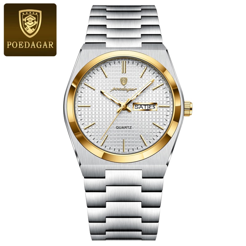 POEDAGAR Luxury Stainless Steel Waterproof Mens Quartz Watch With Luminous Date Week 10