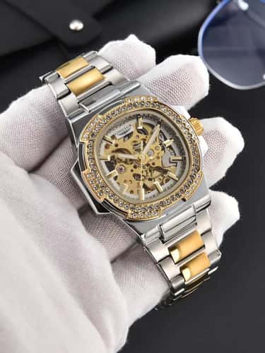LONGLUX Luxury Skeleton Automatic Men's Diamond Stainless Steel Watch