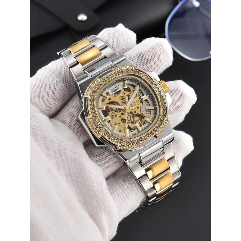 LONGLUX Luxury Skeleton Automatic Mens Diamond Stainless Steel Watch 0