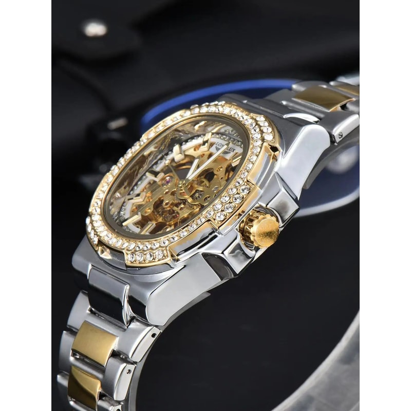 LONGLUX Luxury Skeleton Automatic Mens Diamond Stainless Steel Watch 1