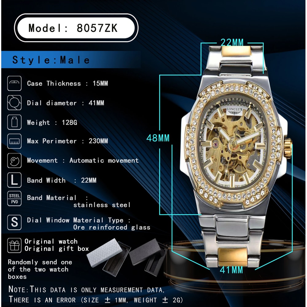 LONGLUX Luxury Skeleton Automatic Mens Diamond Stainless Steel Watch 4