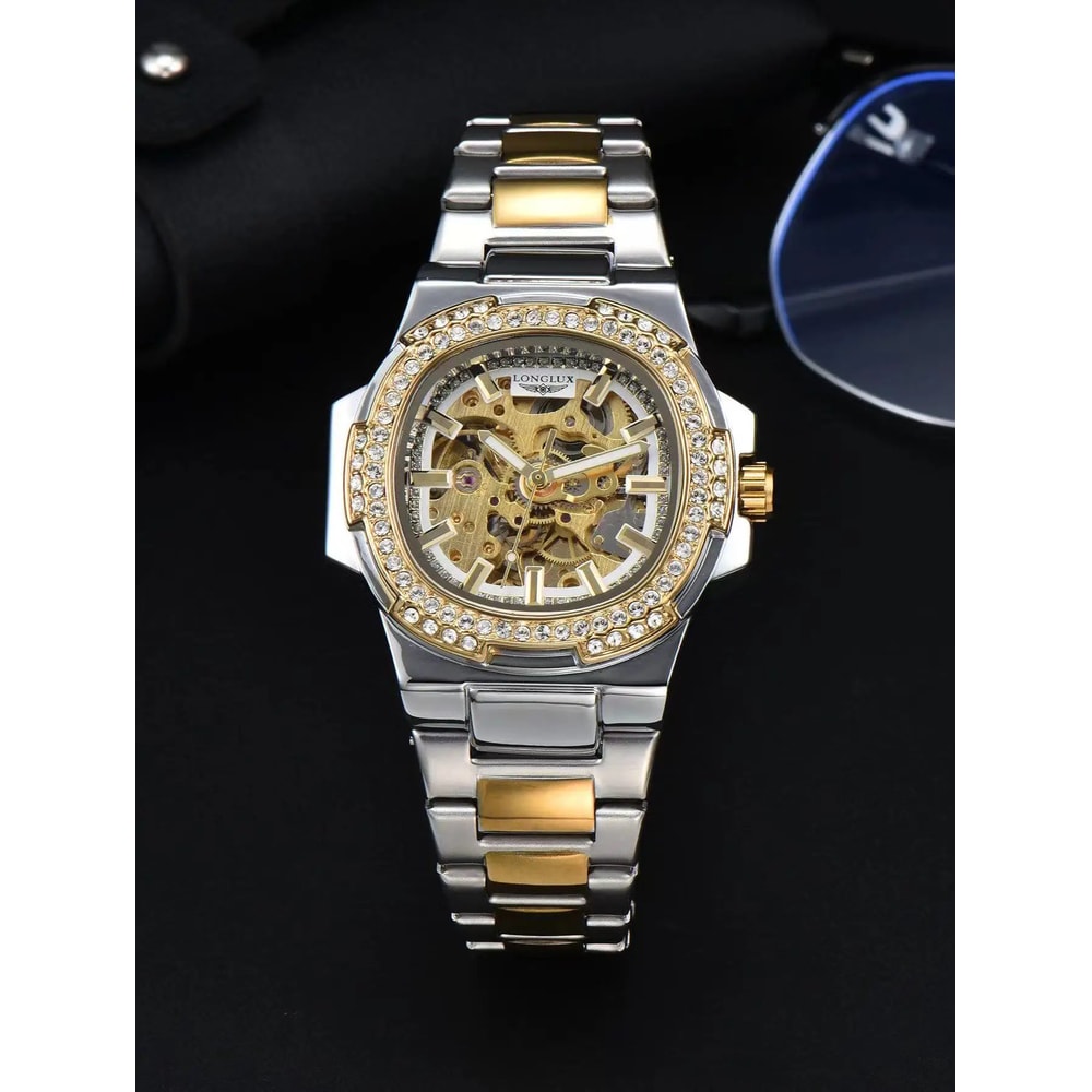 LONGLUX Luxury Skeleton Automatic Mens Diamond Stainless Steel Watch 6