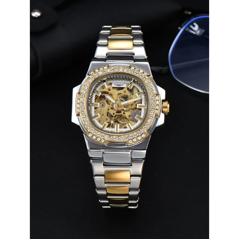 LONGLUX Luxury Skeleton Automatic Mens Diamond Stainless Steel Watch 6