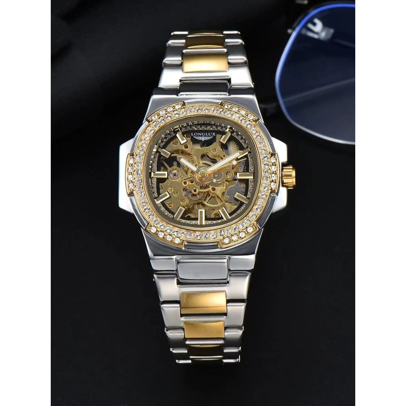 LONGLUX Luxury Skeleton Automatic Mens Diamond Stainless Steel Watch 8