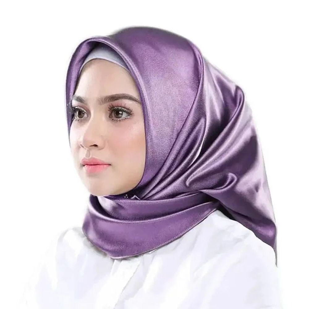 Elegant 354in Satin Silk Square Hijab Scarf Solid Color Muslim Headscarf Turban Wrap 2