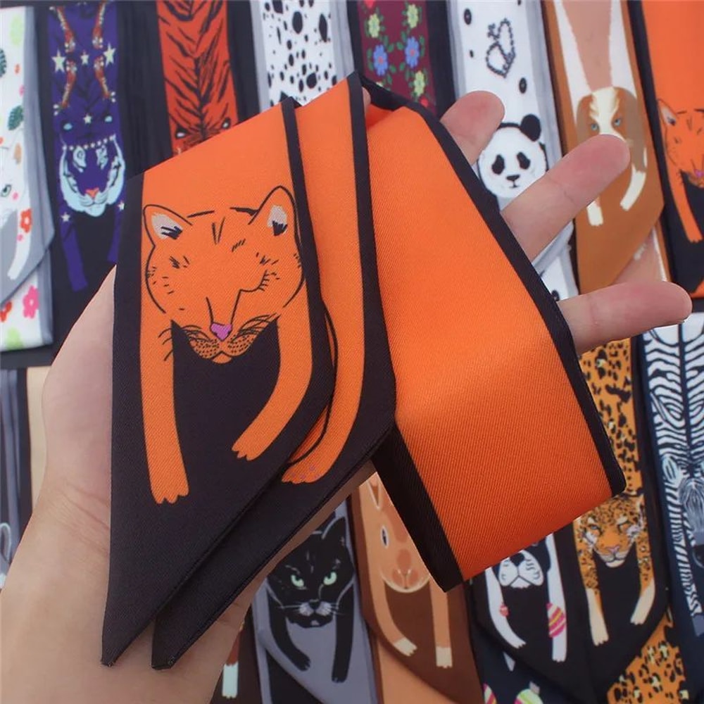 Luxury Animal Print Silk Skinny Scarf Designer Bag Ribbon Fashion Hair Tie 0