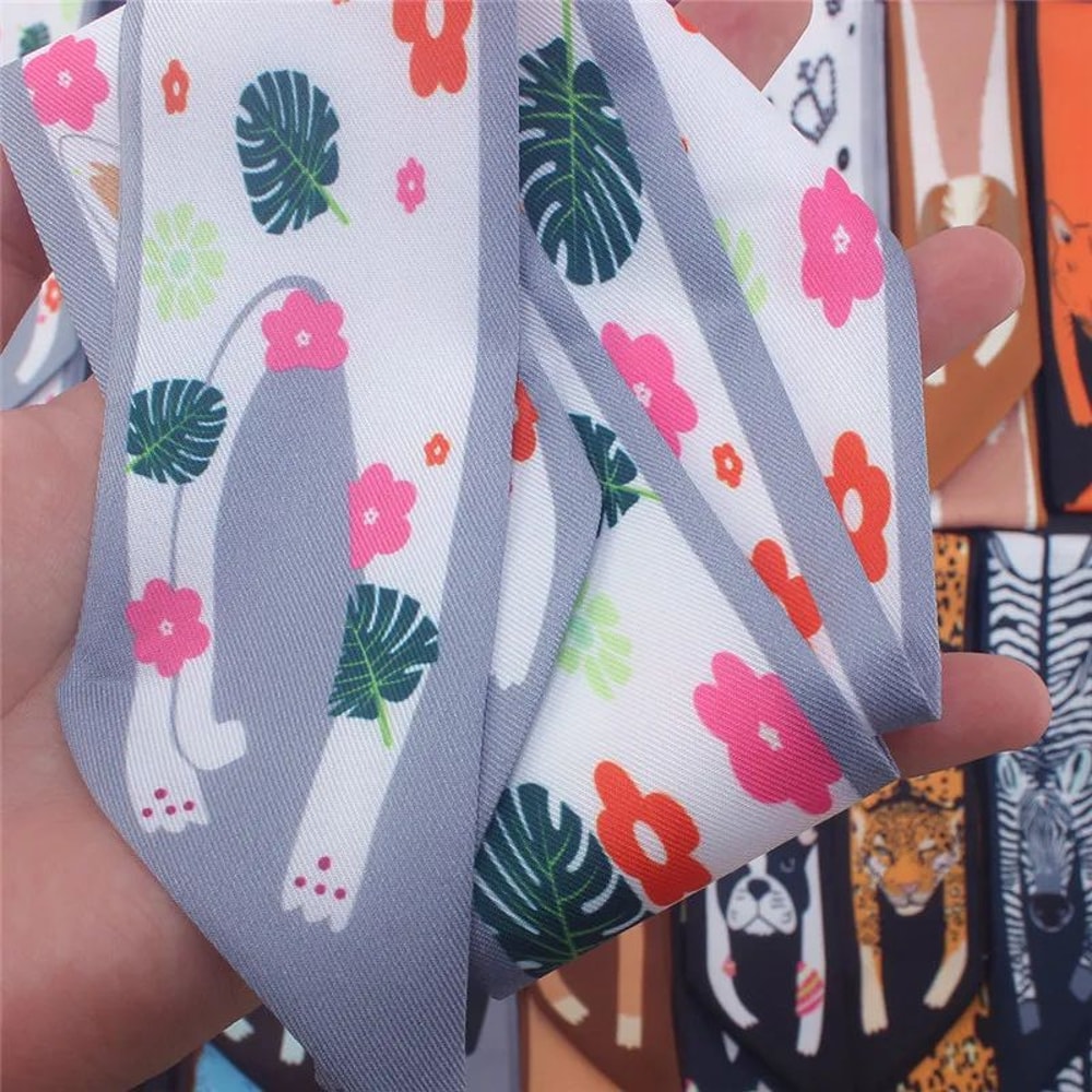 Luxury Animal Print Silk Skinny Scarf Designer Bag Ribbon Fashion Hair Tie 5