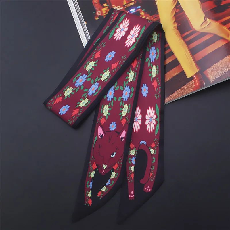 Luxury Animal Print Silk Skinny Scarf Designer Bag Ribbon Fashion Hair Tie 10
