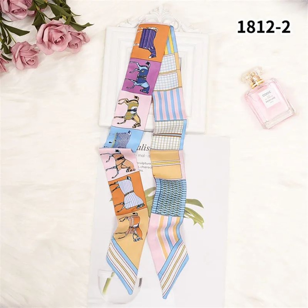 Horse Print Skinny Silk Scarf For Women Luxury Designer Bag Hair Tie Ribbon 7