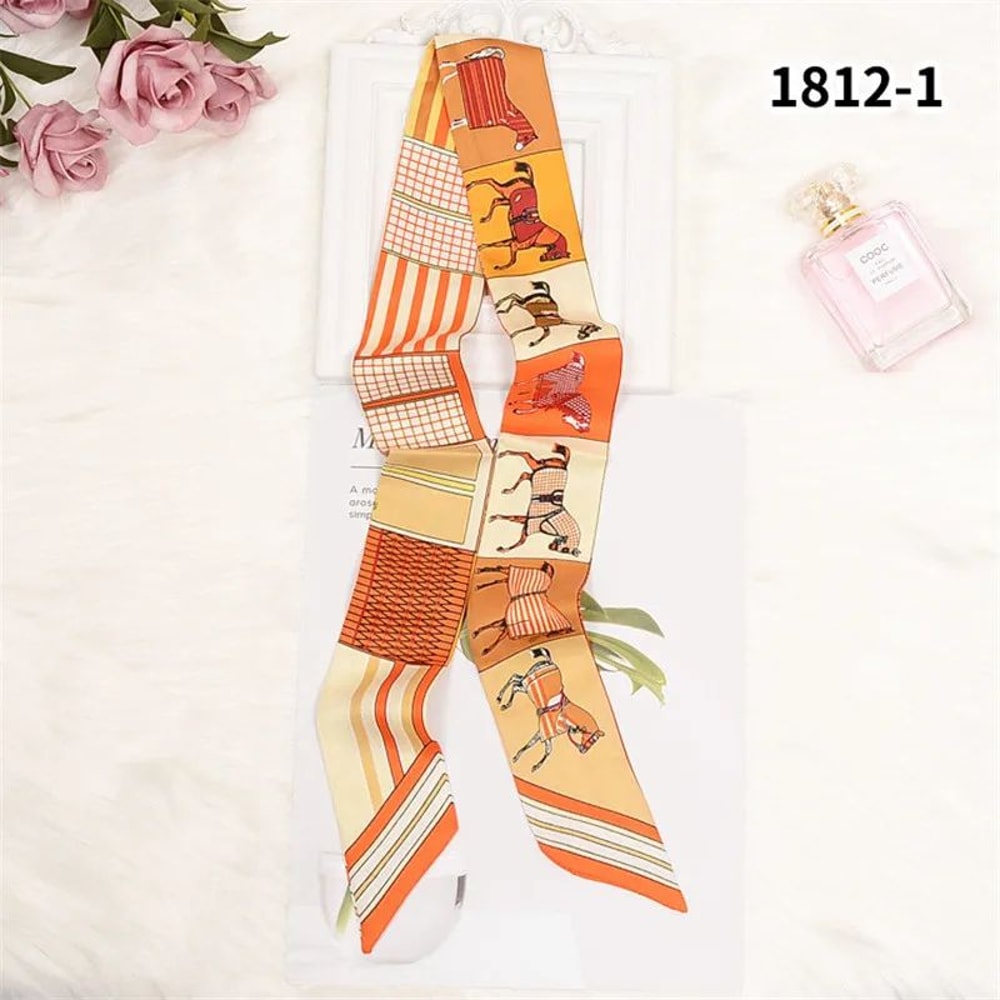 Horse Print Skinny Silk Scarf For Women Luxury Designer Bag Hair Tie Ribbon 6