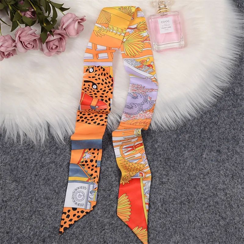 Horse Print Skinny Silk Scarf For Women Luxury Designer Bag Hair Tie Ribbon 12