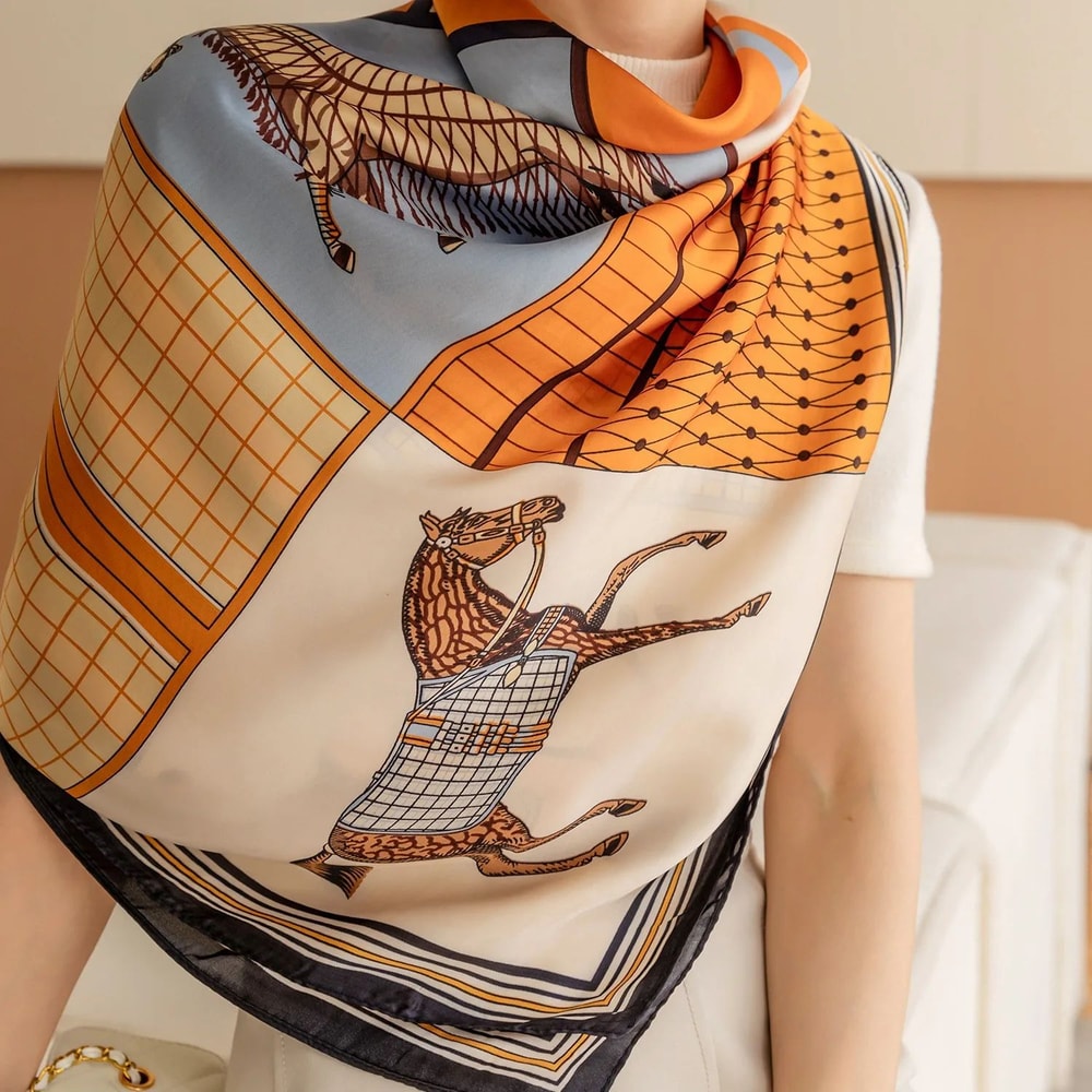 Luxury Horse Print Square Scarf For Women Vintage SilkLike Animal Shawl Head Wrap 2