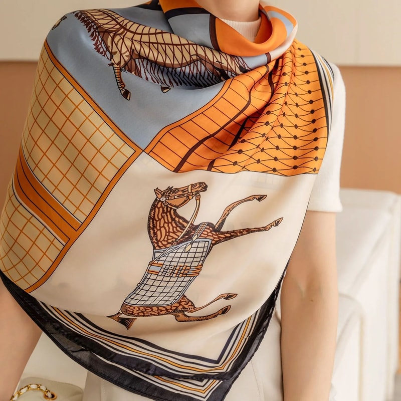 Luxury Horse Print Square Scarf For Women Vintage SilkLike Animal Shawl Head Wrap 2
