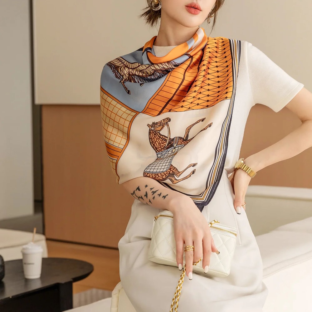 Luxury Horse Print Square Scarf For Women Vintage SilkLike Animal Shawl Head Wrap 3