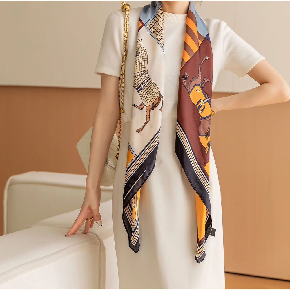 Luxury Horse Print Square Scarf For Women Vintage SilkLike Animal Shawl Head Wrap 4