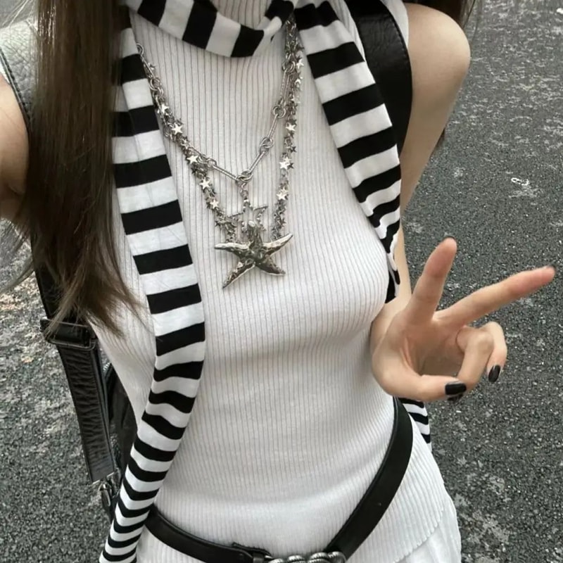 Harajuku Black Grey Striped Long Skinny Scarf For Women Cotton Silk Streetwear Neckerchief 1