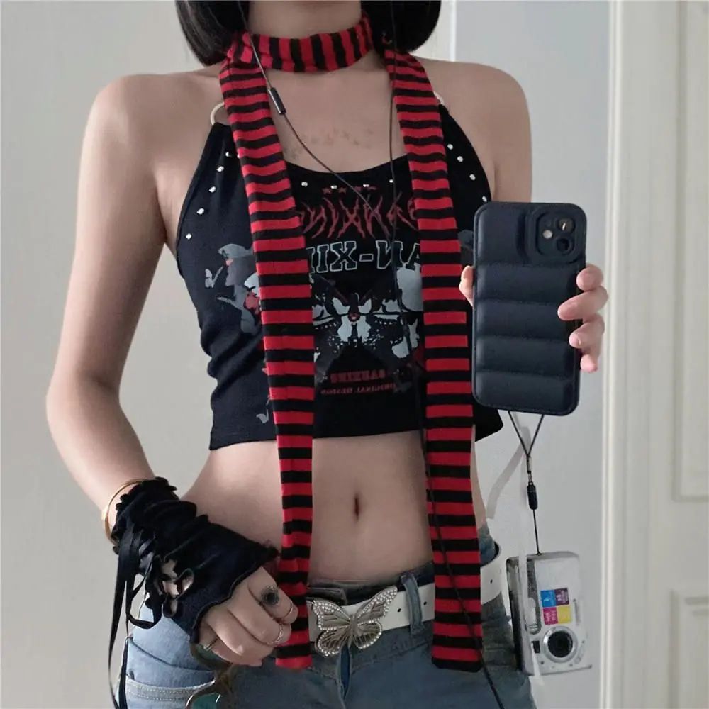 Harajuku Black Grey Striped Long Skinny Scarf For Women Cotton Silk Streetwear Neckerchief 0