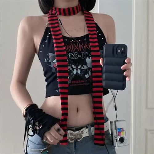 Harajuku Black & Grey Striped Long Skinny Scarf for Women – Cotton Silk Streetwear Neckerchief
