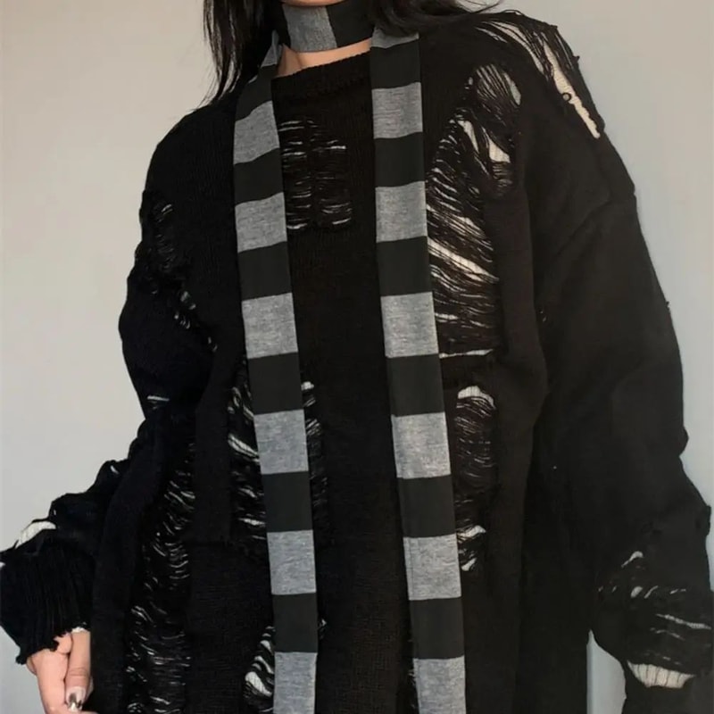 Harajuku Black Grey Striped Long Skinny Scarf For Women Cotton Silk Streetwear Neckerchief 2