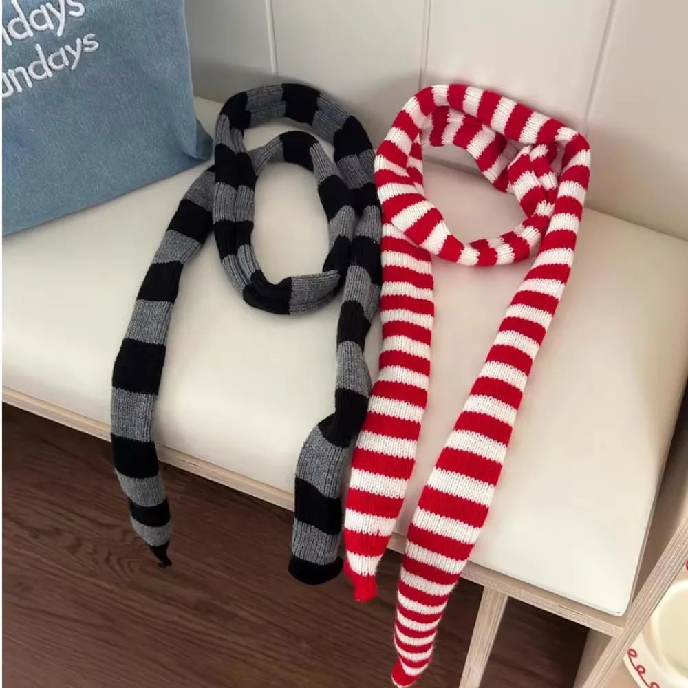 Harajuku Black Grey Striped Long Skinny Scarf For Women Cotton Silk Streetwear Neckerchief 5
