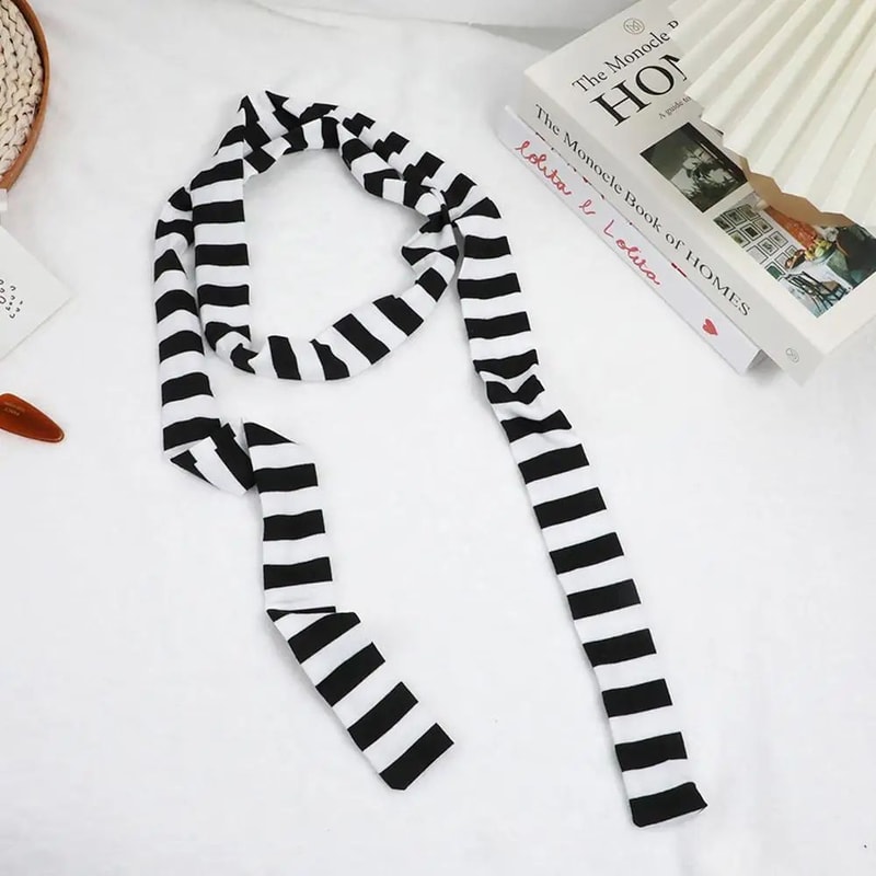 Harajuku Black Grey Striped Long Skinny Scarf For Women Cotton Silk Streetwear Neckerchief 6
