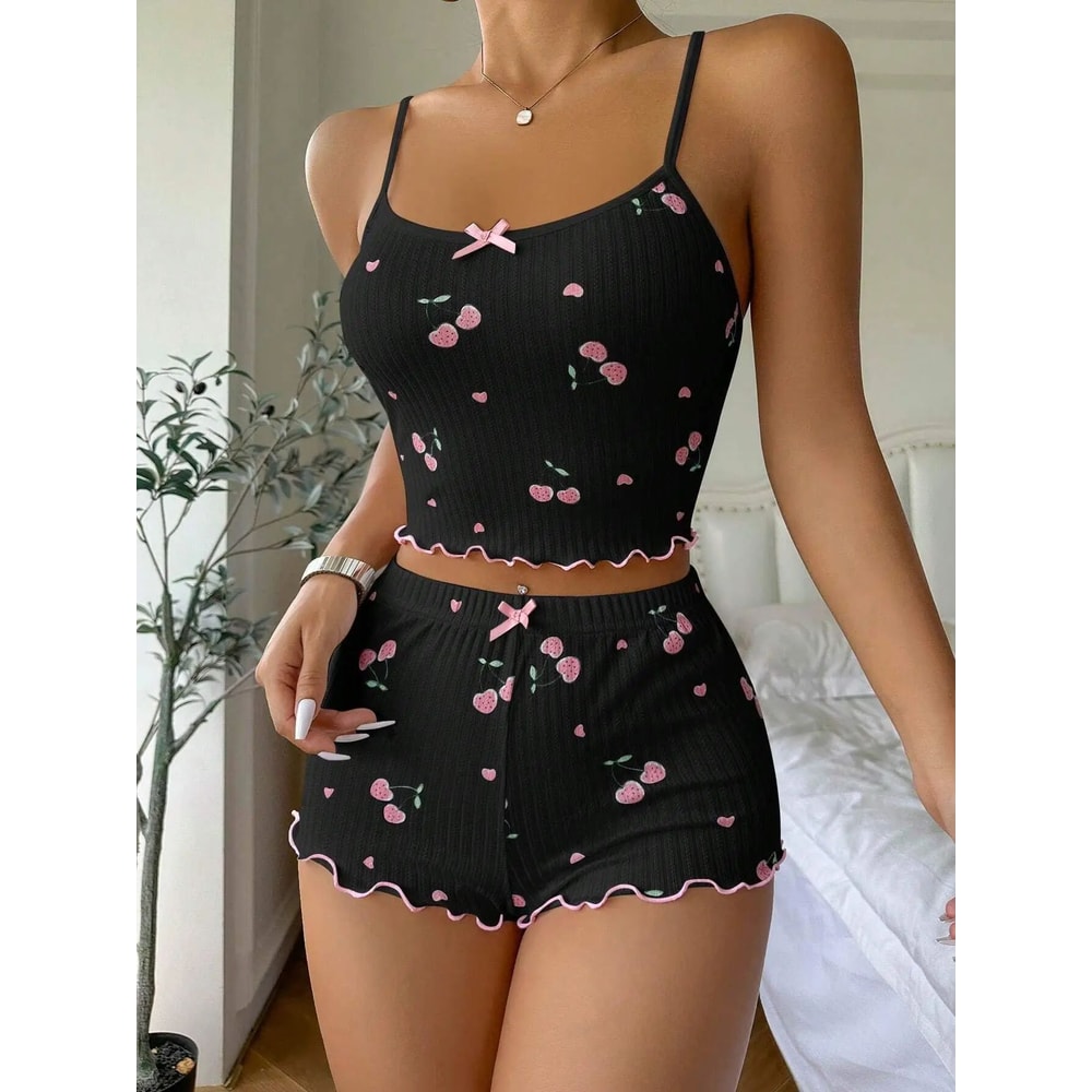 Heart Print Ribbed Backless Pajama Set For Women Sexy Bow Detail Crop Cami Shorts Summer Sleepwea 0
