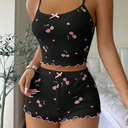 heart print ribbed backless pajama set for women – sexy bow detail crop cami & shorts summer sleepwear