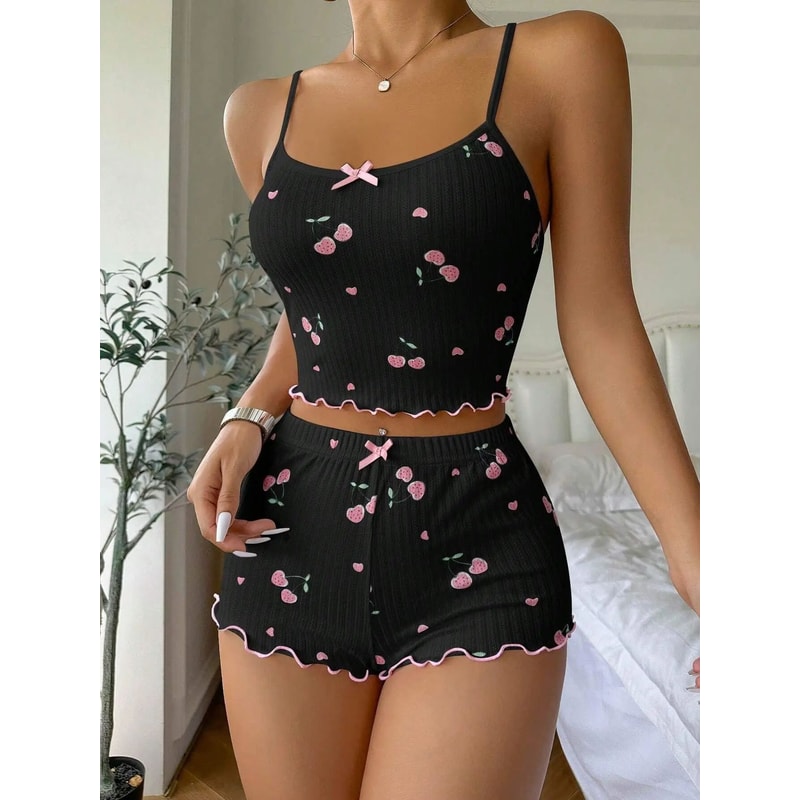 Heart Print Ribbed Backless Pajama Set For Women Sexy Bow Detail Crop Cami Shorts Summer Sleepwea 0