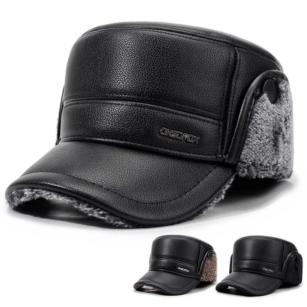Mens Leather Flat Top Baseball Cap Warm FleeceLined Winter Ear Protection Hat 0