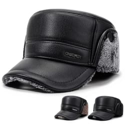 men's leather flat top baseball cap – warm fleece-lined winter ear protection hat