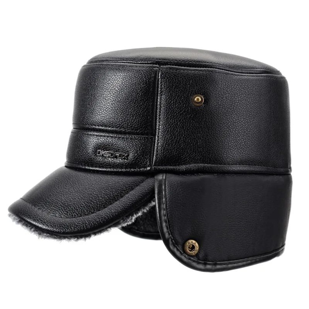 Mens Leather Flat Top Baseball Cap Warm FleeceLined Winter Ear Protection Hat 1