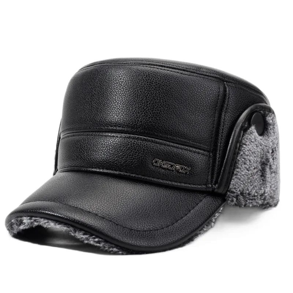 Mens Leather Flat Top Baseball Cap Warm FleeceLined Winter Ear Protection Hat 4