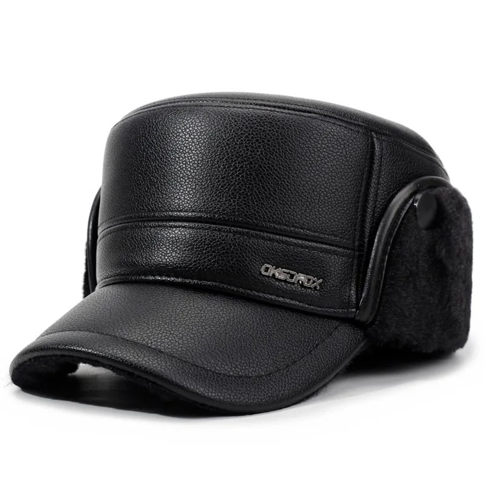 Mens Leather Flat Top Baseball Cap Warm FleeceLined Winter Ear Protection Hat 5
