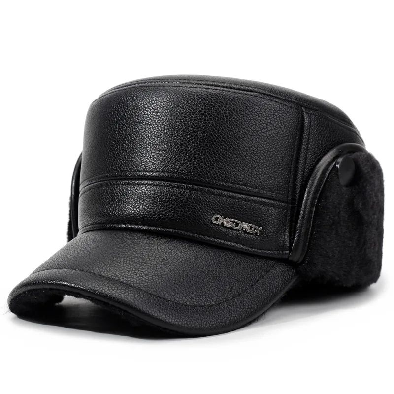 Mens Leather Flat Top Baseball Cap Warm FleeceLined Winter Ear Protection Hat 5