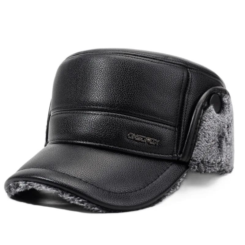 Mens Leather Flat Top Baseball Cap Warm FleeceLined Winter Ear Protection Hat 7