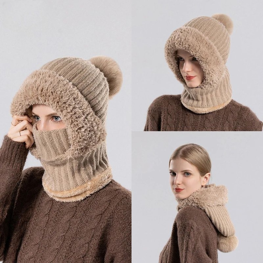 Womens Hooded Knit Balaclava Hat Winter Velvet Fluffy Ear Protection Neck Warmer 0